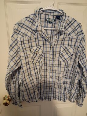 Shyanne Western Blue&White Plaid Button-Up Shirt XL Cool Square Buttons